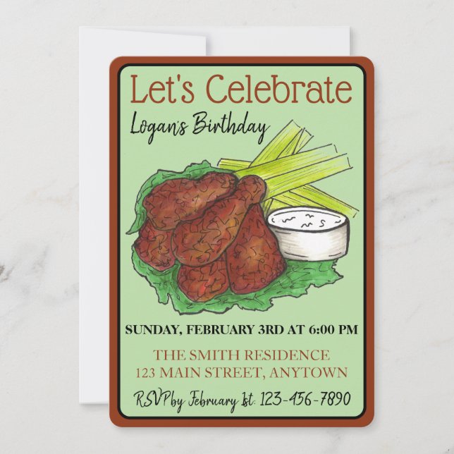 Hot Chicken Wings Let's Celebrate Birthday Party Invitation (Front)