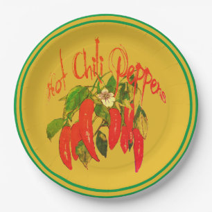 Hot Chili Red Peppers on Mustard Background Text Paper Plate