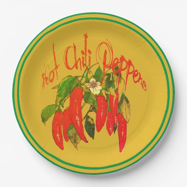 Hot Chili Red Peppers on Mustard Background Text Paper Plate (Front)