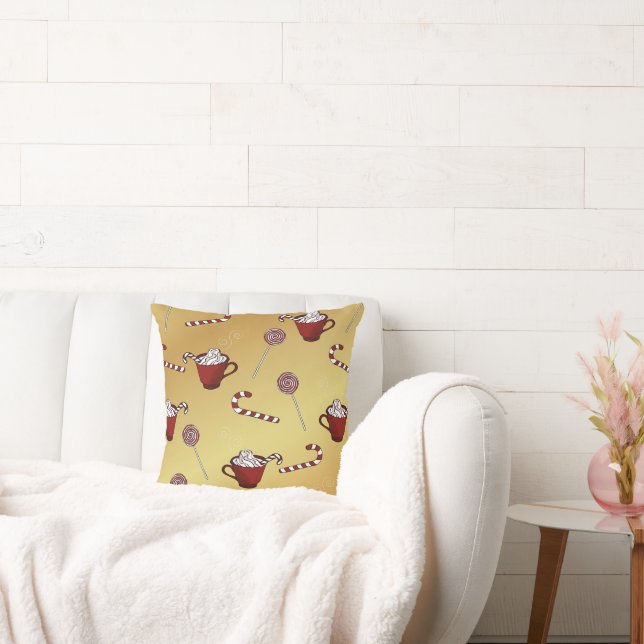 Hot chocolate and candy cane on faux golden  throw pillow (Couch)