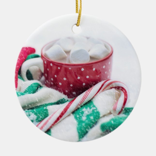 Hot Chocolate & Candy Cane Christmas Ceramic Ornament (Front)