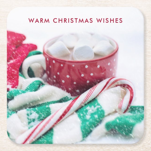 Hot Chocolate & Candy Cane Warm Christmas Wishes Square Paper Coaster (Front)
