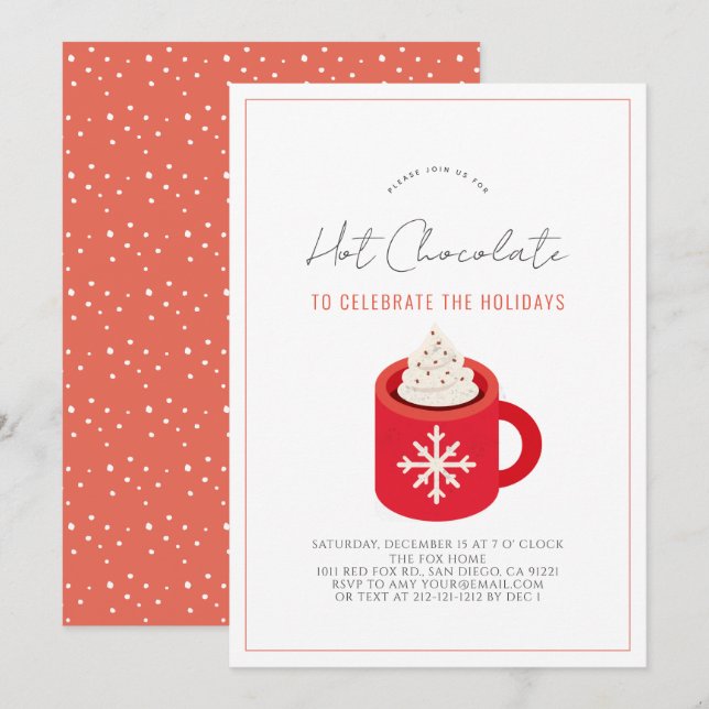 Hot Chocolate/Cocoa Red Mug Holiday Party Invitation (Front/Back)