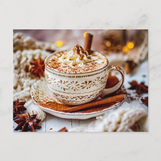 hot chocolate, rich and creamy, cozy evening holiday postcard (Front)