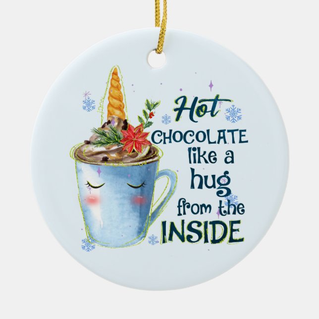 Hot Chocolate Unicorn | Cozy Unicorn Winter Ceramic Ornament (Front)