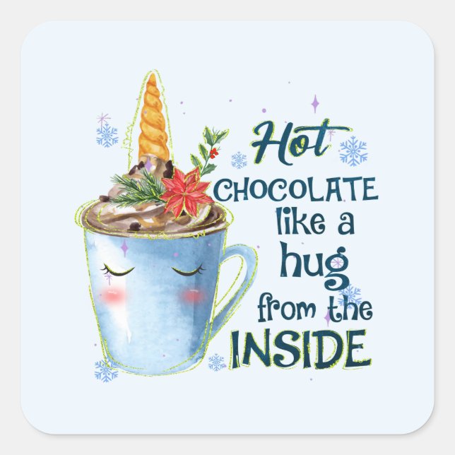 Hot Chocolate Unicorn | Cozy Unicorn Winter Square Sticker (Front)