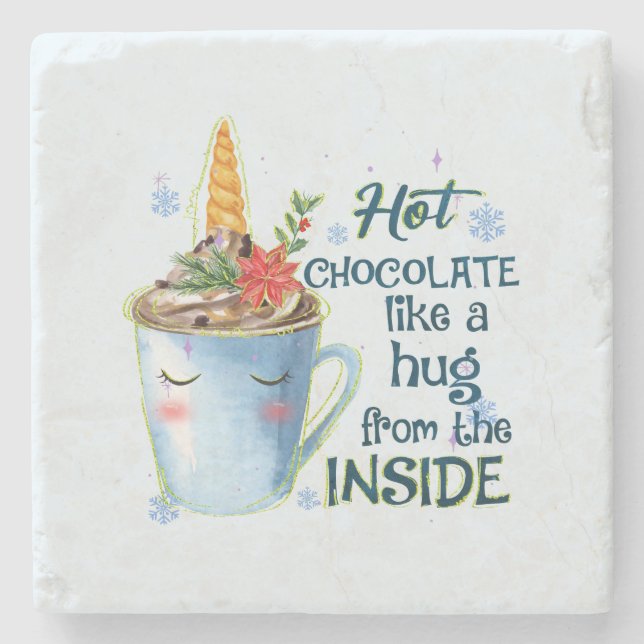 Hot Chocolate Unicorn | Cozy Unicorn Winter Stone Coaster (Front)