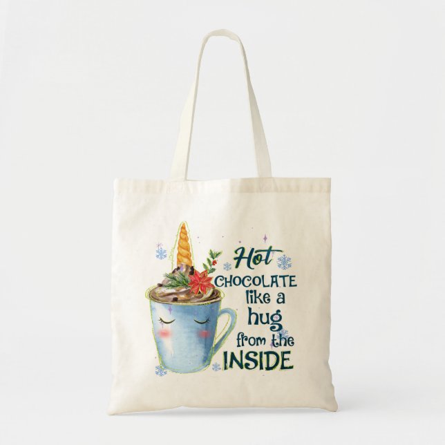 Hot Chocolate Unicorn | Cozy Unicorn Winter Tote Bag (Front)