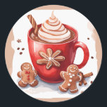 Hot Chocolate with cinnamon and gingerbread Classic Round Sticker<br><div class="desc">Introducing our delightful Hot Chocolate with Cinnamon and Gingerbread sticker design, a cozy and heartwarming addition to your collection! This charming sticker captures the essence of winter comfort and holiday warmth in a visual treat. The central image features a steaming mug of rich hot chocolate adorned with a sprinkle of...</div>