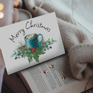 Hot Chocolate with Holly and Winter Greenery Flat Holiday Card