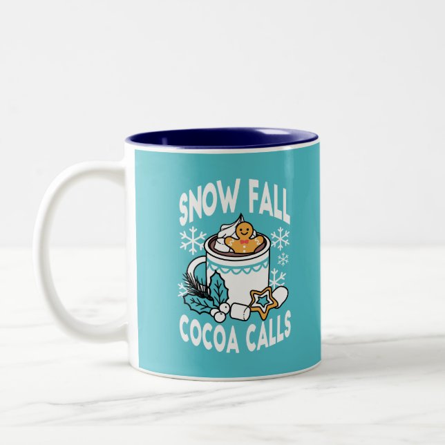 Hot Cocoa and Winter Charm - Snow Fall Cocoa Calls Two-Tone Coffee Mug (Left)