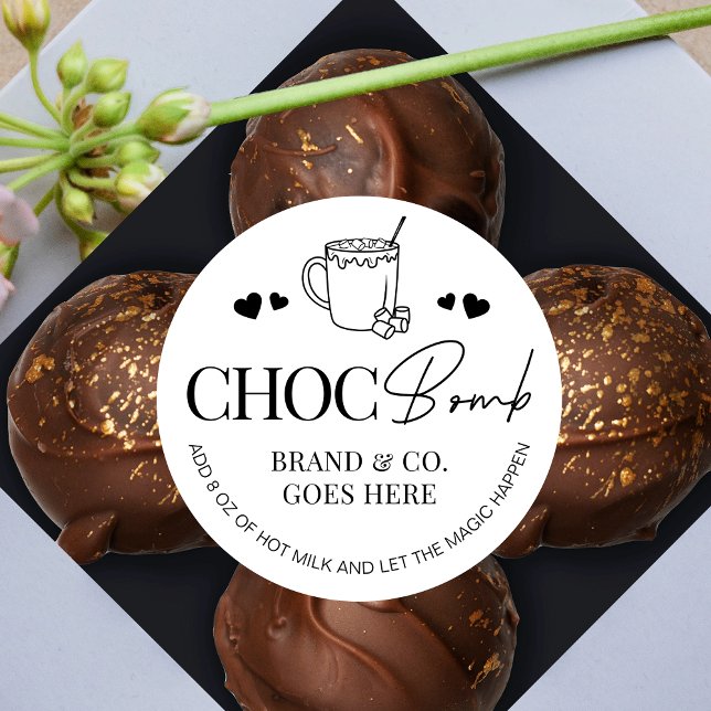 Hot Cocoa Chocolate Bomb Instructions Minimal Logo Classic Round Sticker (Modern Hot Chocolate Bomb labels in a minimalist black & white design)