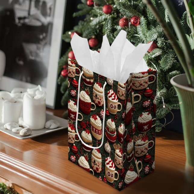 Hot Cocoa Christmas Tree Cups Knitted Pattern Medium Gift Bag (Hot Cocoa Christmas Tree Cups Knitted Pattern Medium Gift Bag)