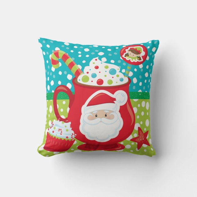 Hot cocoa cupcake Santa Christmas pattern Throw Pillow (Front)