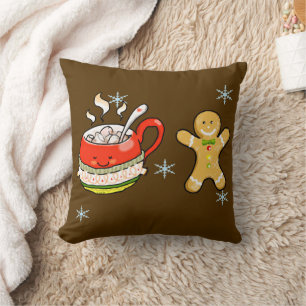 hot cocoa drink + gingerbread man throw pillow