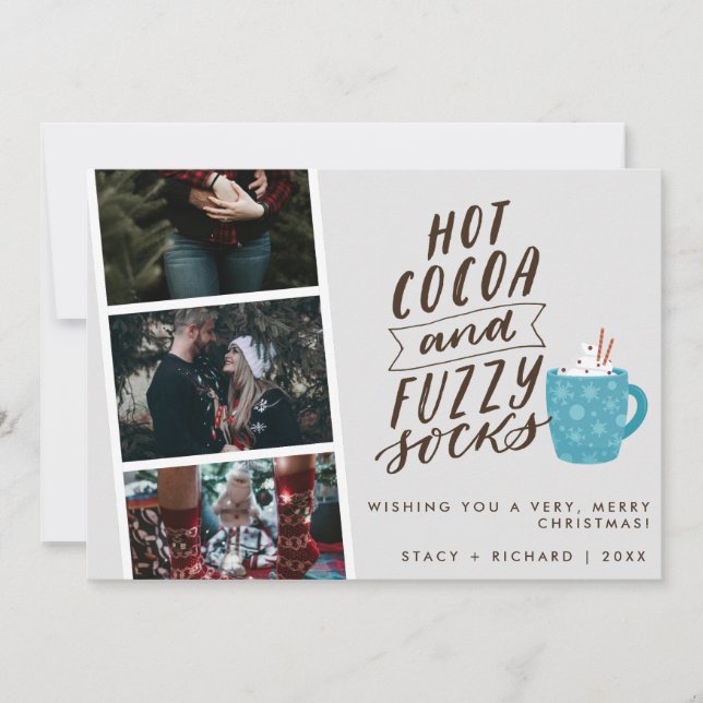 Hot Cocoa Fuzzy Socks Photo Newlywed Christmas Holiday Card (Front)