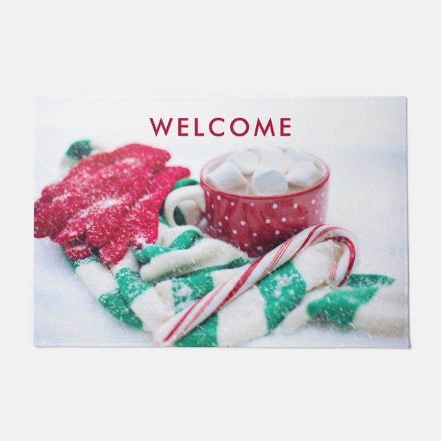 Hot Cocoa Marshmallows & Candy Cane Christmas Doormat (Front)