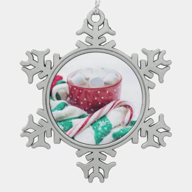 Hot Cocoa Marshmallows & Candy Cane Christmas Snowflake Pewter Christmas Ornament (Front)