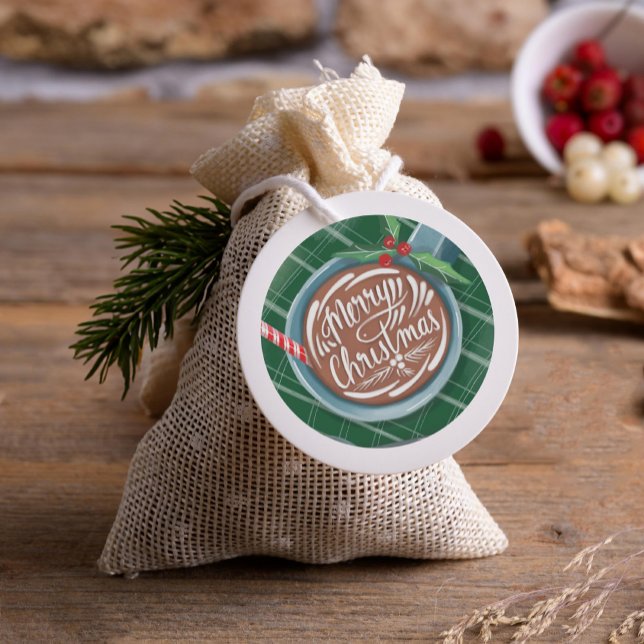 Hot Cocoa Mug Hand Lettering Merry Christmas Green Classic Round Sticker (Creator Uploaded)