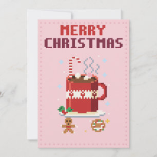 Hot Cocoa Pink Pixel Art Christmas Card