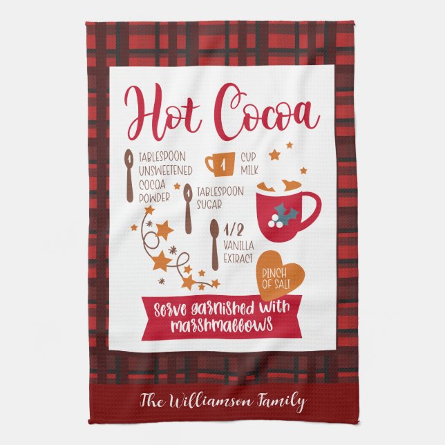 Hot Cocoa Recipe Festive Red Plaid Custom Kitchen Towel (Vertical)