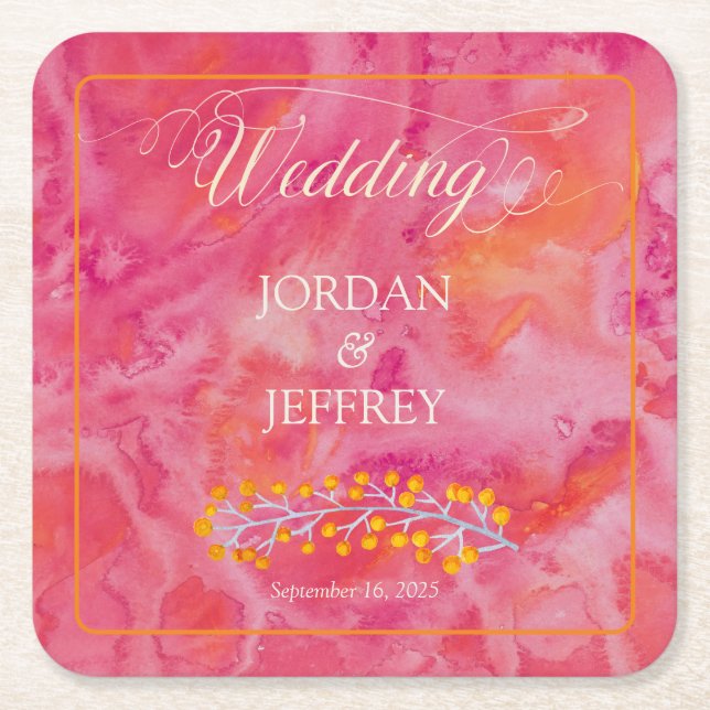 Hot Colour Romantic Wedding Square Paper Coaster (Front)