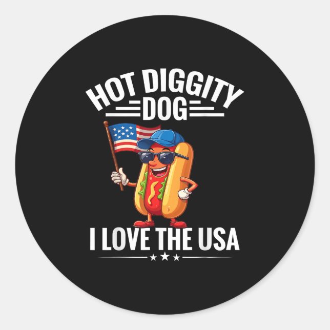 Hot Diggity Dog I Love Usa America Flag Hotdog 4th Classic Round Sticker (Front)