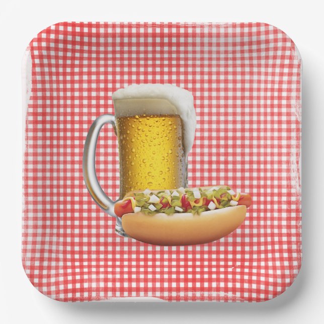 Hot Dog and Beer On Gingham Paper Plate (Front)