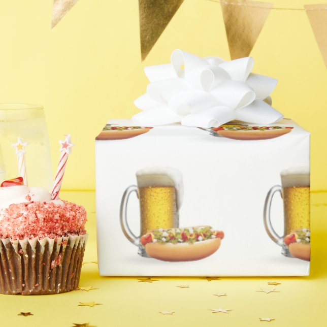 Hot Dog and Beer On White Wrapping Paper (Birthday Party)