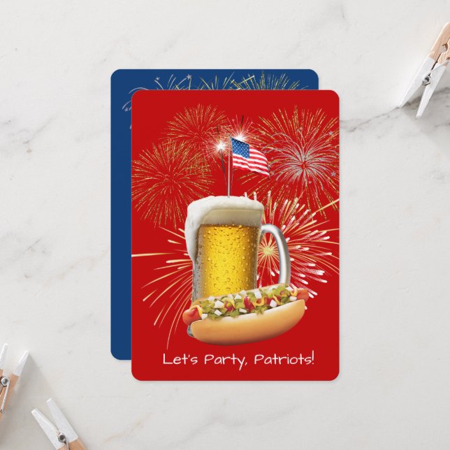 Hot Dog and Beer With Fireworks and Flag Invitation (Front/Back In Situ)