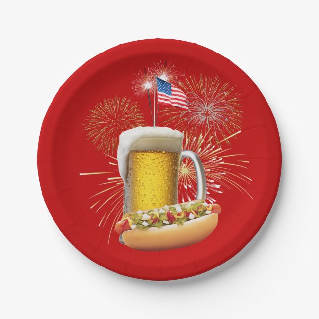 Hot Dog and Beer With Fireworks and Flag Paper Plate (Front)