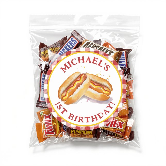 Hot Dog Birthday Round Sticker – Red Gingham Kids  (Party Sticker Favor)