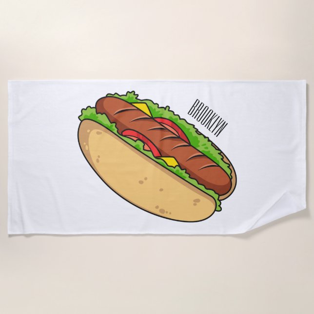 Hot dog cartoon illustration beach towel (Front)