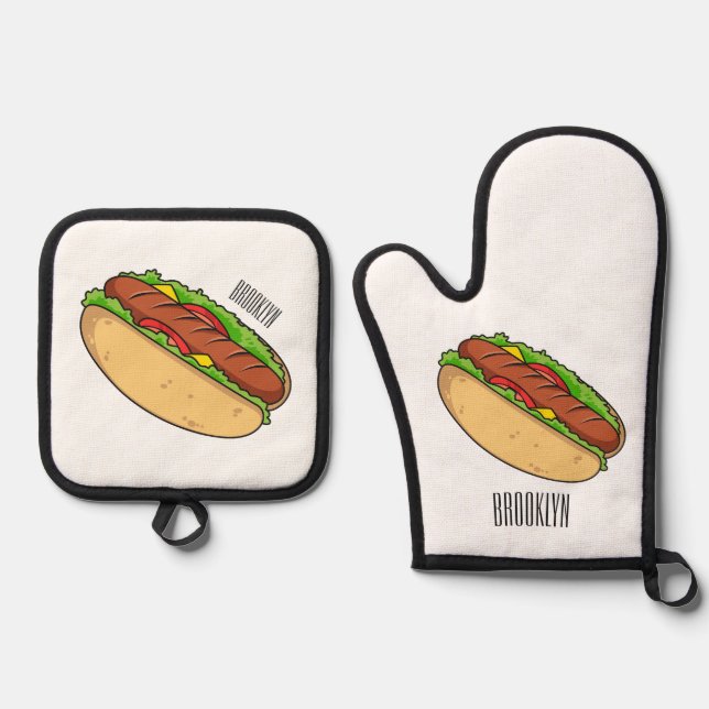 Hot dog cartoon illustration oven mitt & pot holder set (Front)
