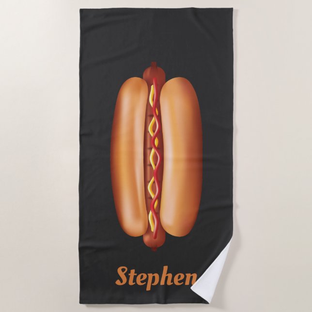 Hot Dog Fast Food Illustration With Custom Name Beach Towel (Front)