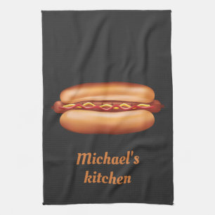 Hot Dog Fast Food Illustration With Custom Text Kitchen Towel