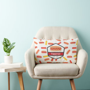 Hot Dog Fast Food Pattern Retro Monogram Lumbar Pillow
