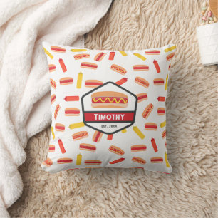 Hot Dog Fast Food Pattern Retro Monogram Throw Pillow