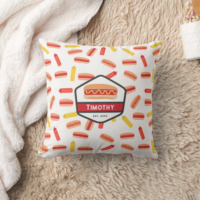 Hot Dog Fast Food Pattern Retro Monogram Throw Pillow (Blanket)