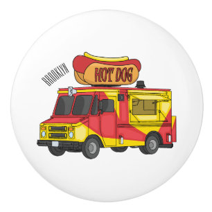 Hot dog food truck cartoon illustration ceramic knob
