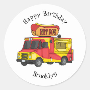 Hot dog food truck cartoon illustration classic round sticker