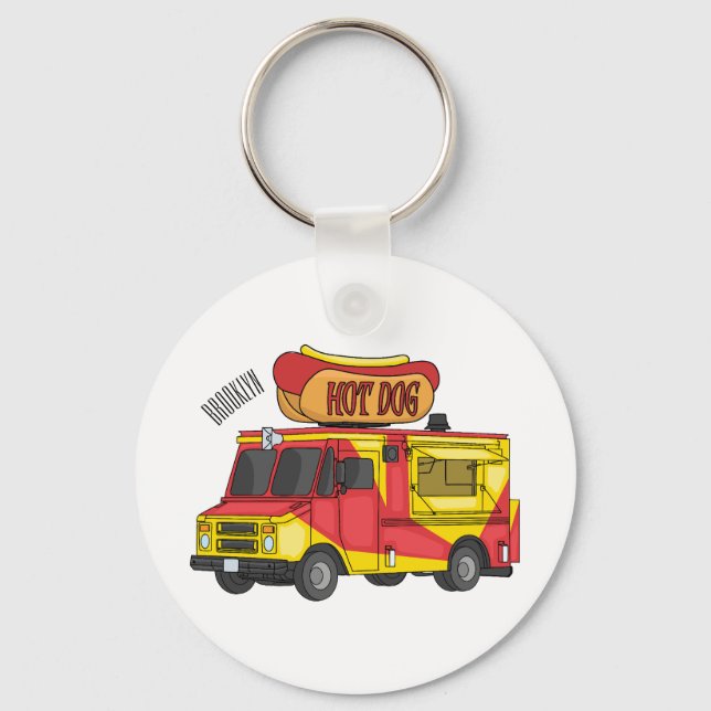Hot dog food truck cartoon illustration keychain (Front)