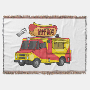 Hot dog food truck cartoon illustration throw blanket