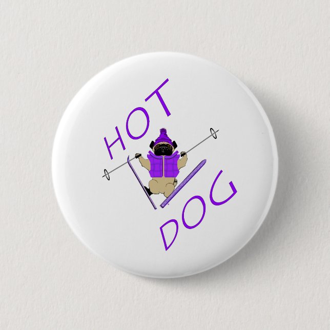 Hot Dog Funny Skiing Pug Purple Jacket and Skis 2 Inch Round Button (Front)