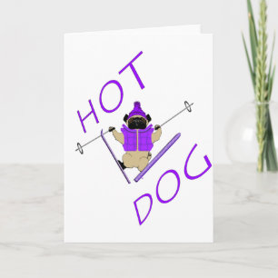 Hot Dog Funny Skiing Pug Purple Jacket and Skis Holiday Card