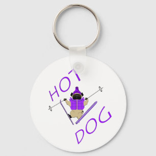 Hot Dog Funny Skiing Pug Purple Jacket and Skis Keychain