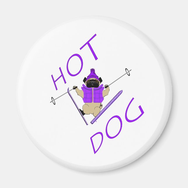 Hot Dog Funny Skiing Pug Purple Jacket and Skis Magnet (Front)