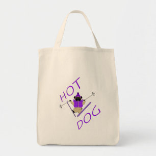 Hot Dog Funny Skiing Pug Purple Jacket and Skis Tote Bag