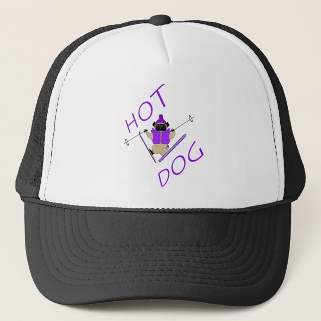 Hot Dog Funny Skiing Pug Purple Jacket and Skis Trucker Hat (Front)