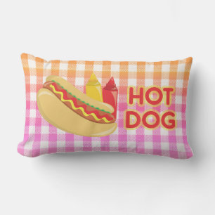 Hot Dog Gingham Picnic with Condiments Lumbar Pillow